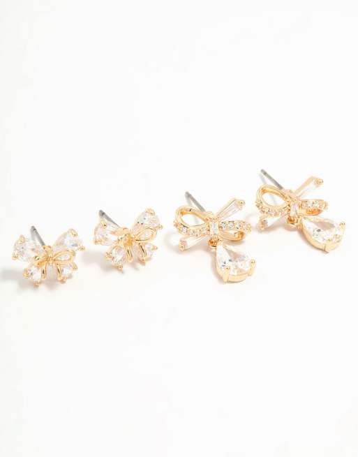 Lovisa - Confezione da 2 paia di orecchini a bottone dorati con fiocchi e zirconia cubica, 2 di 3