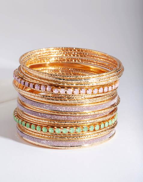 Lovisa - Confezione da 20 bracciali rigidi color oro con catenina a coppa e glitter - view 1
