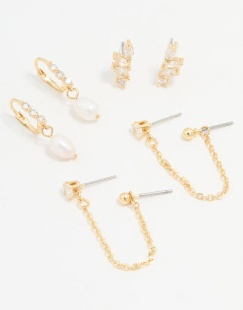 Lovisa - Confezione da 3 paia di orecchini placcati oro con perle d'acqua dolce e zirconia cubica taglio marquise - view 1