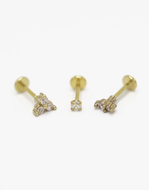 Lovisa - Confezione da 3 piercing a bottone con parte posteriore piatta in acciaio chirurgico placcato oro con zirconia cubica rotondi