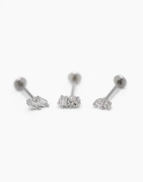 Lovisa - Confezione da 3 piercing in acciaio chirurgico argentato con zirconia cubica taglio baguette doppia e retro piatto - view 1