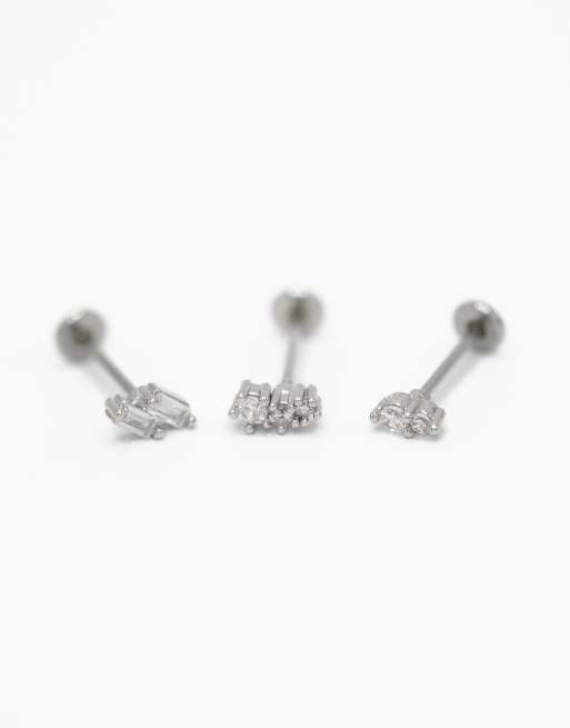 Lovisa - Confezione da 3 piercing in acciaio chirurgico argentato con zirconia cubica taglio baguette doppia e retro piatto