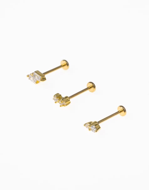 Lovisa - Confezione da 3 piercing in acciaio chirurgico placcato oro con retro piatto e cristalli baguette - view 1
