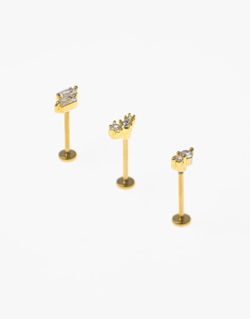 Lovisa - Confezione da 3 piercing in acciaio chirurgico placcato oro con retro piatto e cristalli baguette, 2 di 3