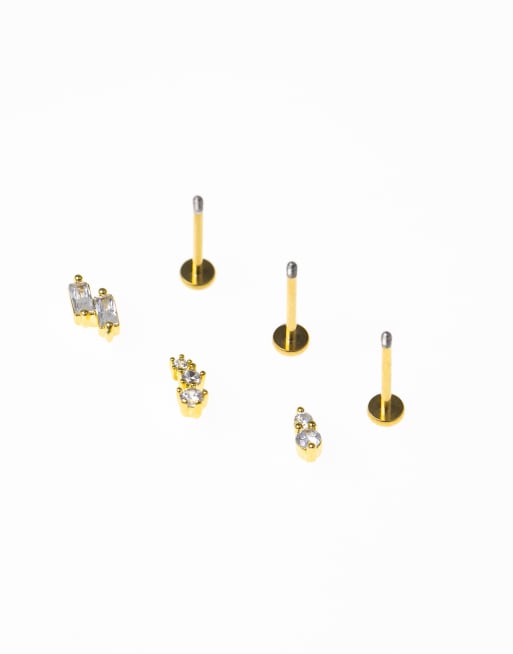 Lovisa - Confezione da 3 piercing in acciaio chirurgico placcato oro con retro piatto e cristalli baguette, 3 di 3