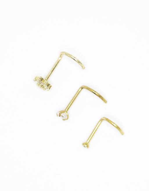 Lovisa - Confezione da 3 piercing per il naso a bottone in titanio placcati in oro con fiore, 3 di 4