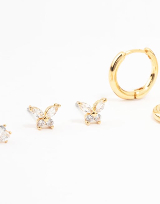 Lovisa - Confezione da 4 orecchini in ottone placcato oro con pavé e farfalla, 4 di 4