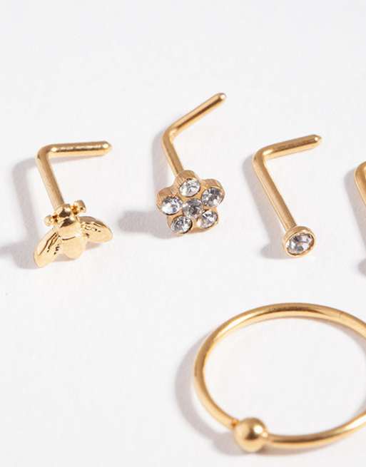 Lovisa - Confezione da 6 piercing per il naso in acciaio chirurgico dorato a forma di fiore e ape, 2 di 3