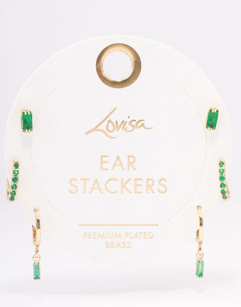 Lovisa - Confezione di orecchini a bottone e a cerchio piccoli in ottone placcato oro con pietre taglio baguette multicolore - view 1