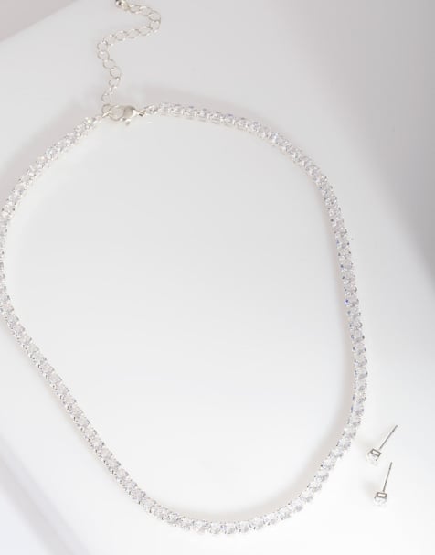 Lovisa - Ensemble collier tennis et boucles d'oreilles à zircons cubiques - Argenté - view 1