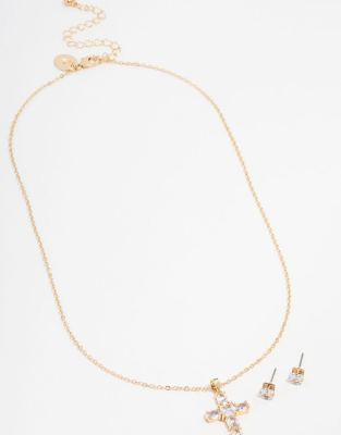 Lovisa - Ensemble en plaqué or à zircons cubiques avec collier à pendentif croix et clous d'oreilles - Doré