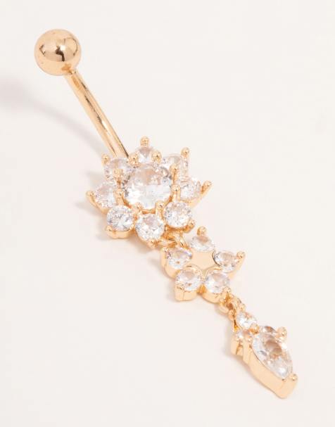 Lovisa – Gold – Nabelpiercing aus goldfarbenem Chirurgenstahl mit drei Blumen und Zirkonia-Steinen - view 1