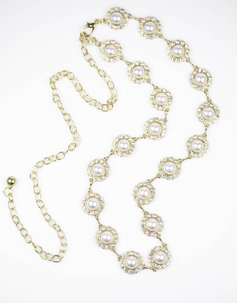 Lovisa Gold pearl & diamante belt in rose gold - view 1