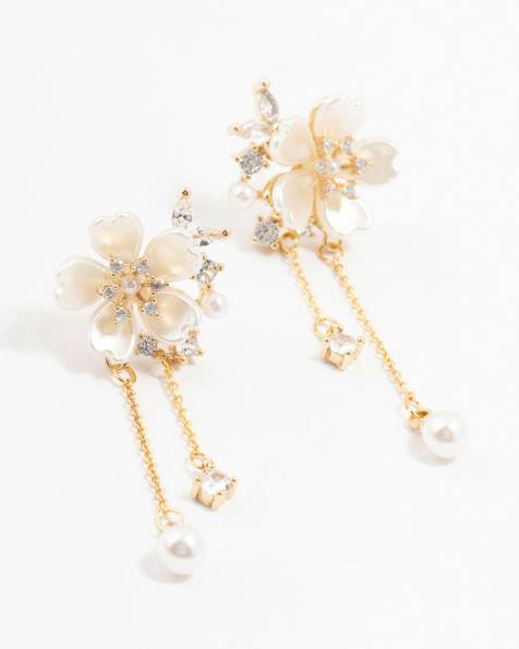 Lovisa Gold plated acrylic flower pearl drop earrings in gold - view 1