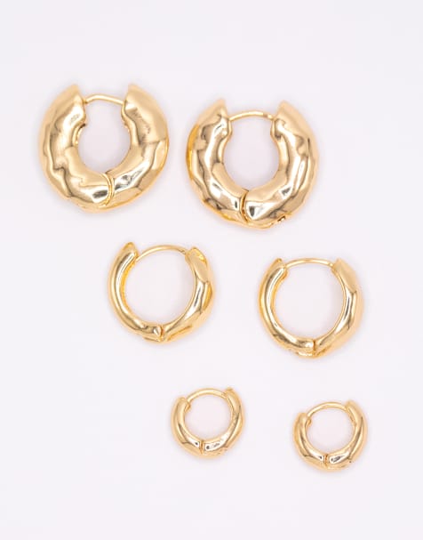 Lovisa Gold plated brass hammered graduating hoop earrings 3-pack in gold - view 1