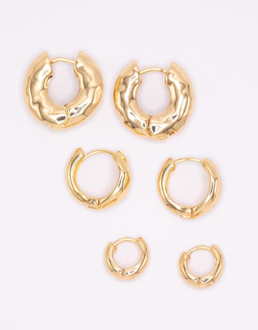 Lovisa Gold plated brass hammered graduating hoop earrings 3-pack in gold