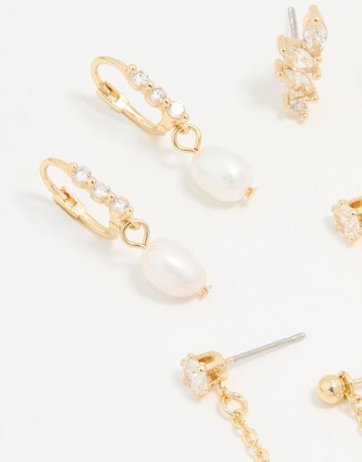 Lovisa Gold plated cubic zirconia marquise freshwater pearl earrings 3-pack in gold, 2 of 3