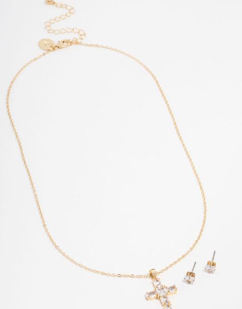 Lovisa Gold plated cubic zirconia square cross necklace & stud earrings set in gold - view 1