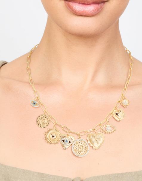 Lovisa Gold plated evil eye & sun charm pendant necklace in gold - view 1