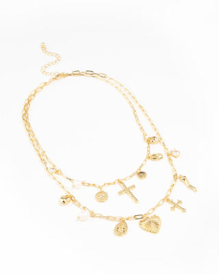 Lovisa Gold plated freshwater pearl, cross & heart charm necklace in gold