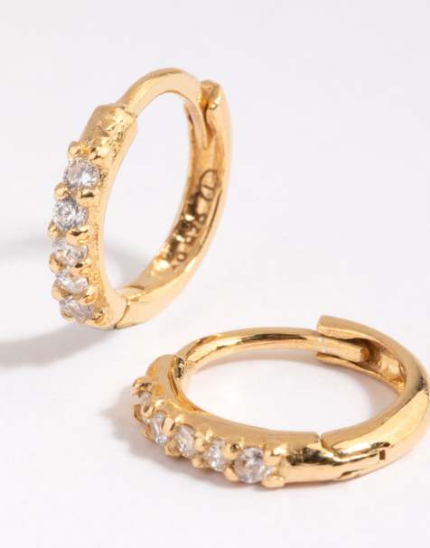 Lovisa Gold plated sterling silver cubic zirconia huggie earrings in gold - view 1
