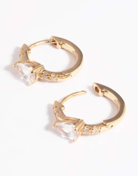 Lovisa Gold plated sterling silver cubic zirconia marquise huggie hoop earrings in gold - view 1