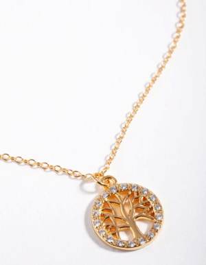 Lovisa Gold plated sterling silver cubic zirconia tree of life necklace in gold