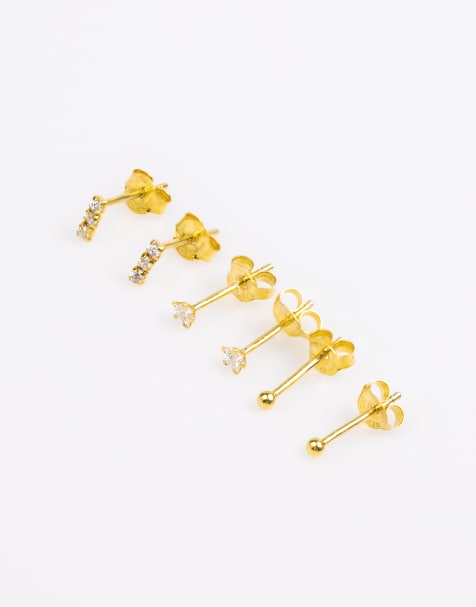 Lovisa gold plated sterling silver diamante line star earrings trio in gold - view 1