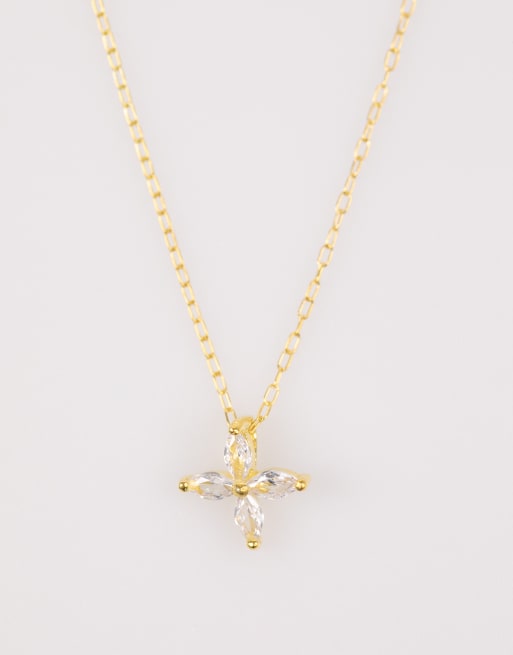 Lovisa Gold plated sterling silver marquise flower cubic zirconia necklace in gold , 2 of 3