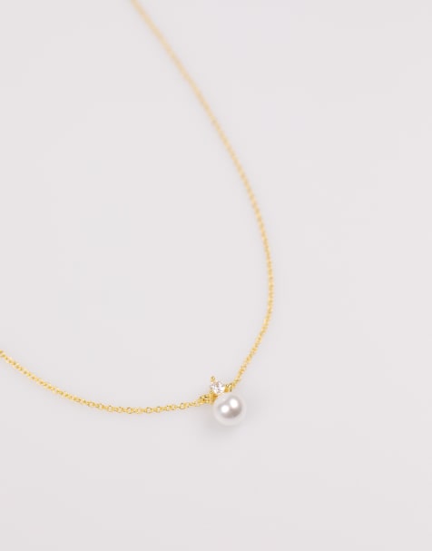 Lovisa Gold plated sterling silver pearl cubic zirconia necklace in gold - view 1