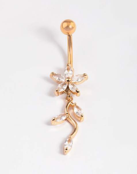 Lovisa Gold plated surgical steel cubic zirconia flower drop belly ring in gold - view 1
