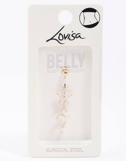 Lovisa Gold plated surgical steel cubic zirconia flower drop belly ring in gold, 2 of 3