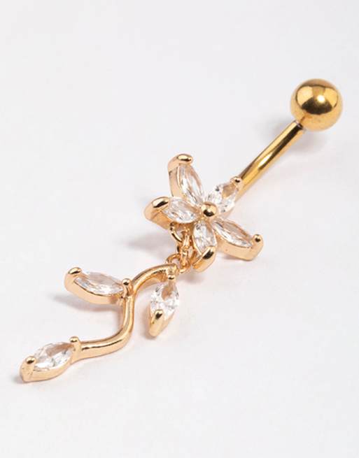 Lovisa Gold plated surgical steel cubic zirconia flower drop belly ring in gold, 3 of 3