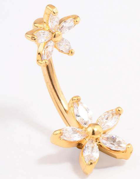 Lovisa Gold plated surgical steel double daisy belly ring in gold - view 1