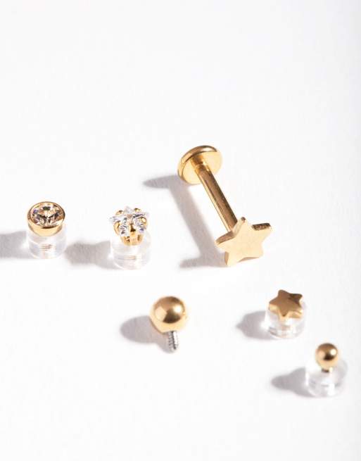 Lovisa Gold plated surgical steel flat back single bar with interchangeable star ends 6-pack in gold, 2 of 3