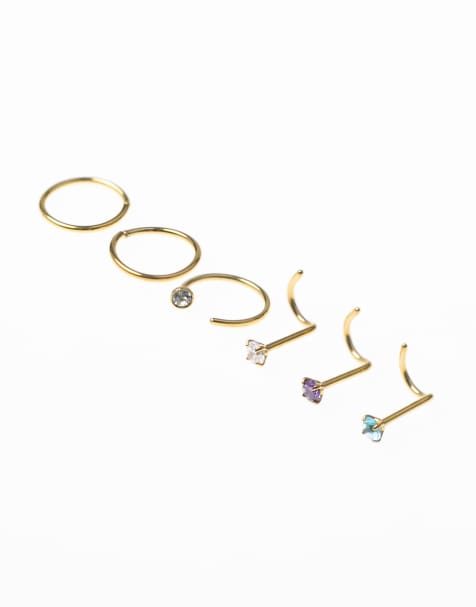 Lovisa gold plated surgical steel pastel diamante nose stud 6-pack in gold - view 1