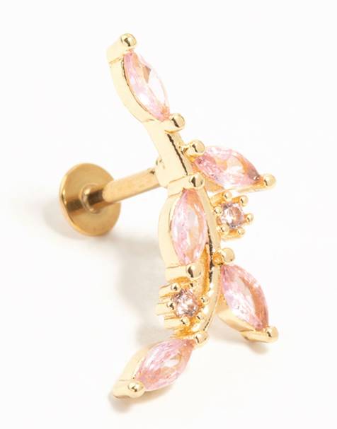 Lovisa Gold plated surgical steel pink diamante vine single flat back stud in gold - view 1