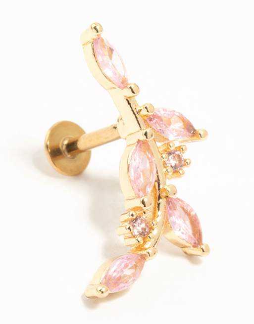 Lovisa Gold plated surgical steel pink diamante vine single flat back stud in gold, 2 of 4