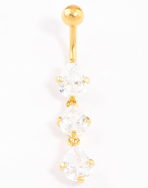 Lovisa Gold plated titanium cubic zirconia drop belly ring in gold - view 1