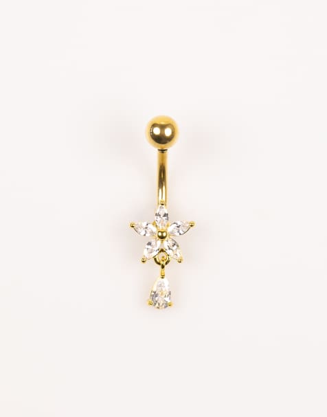 Lovisa Gold plated titanium cubic zirconia flower belly piercing in gold - view 1