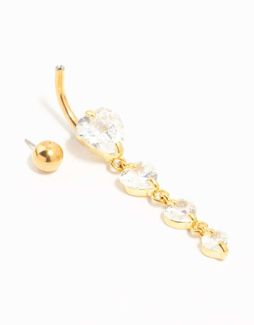 Lovisa Gold plated titanium cubic zirconia heart quartet belly bar in gold, 3 of 3