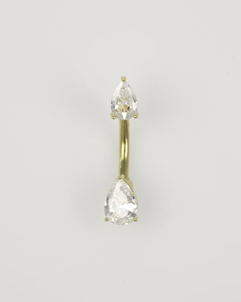 Lovisa Gold plated titanium double cubic zirconia belly bar in gold - view 1