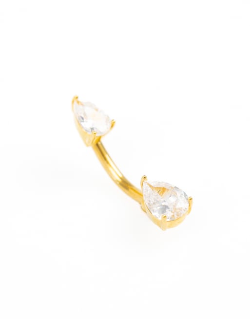 Lovisa Gold plated titanium double cubic zirconia belly bar in gold , 3 of 3
