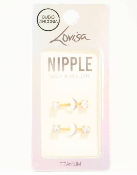 Lovisa Gold plated titanium round cubic zirconia nipple bars 2-pack in gold - view 1