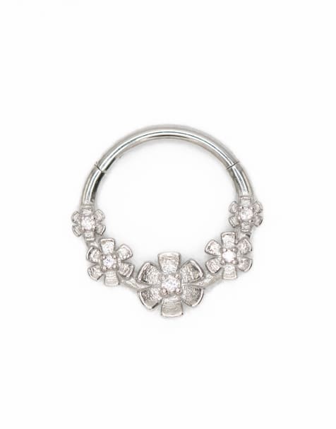 Lovisa - Klik-ring met bloemetjes van chirurgisch staal in zilver - view 1