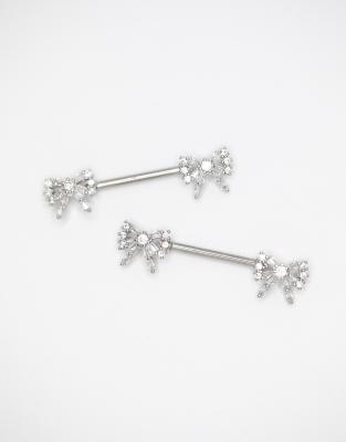 Lot de 2 doubles piercings de téton en acier chirurgical avec nauds ornés de zircons cubiques - Argenté One Size