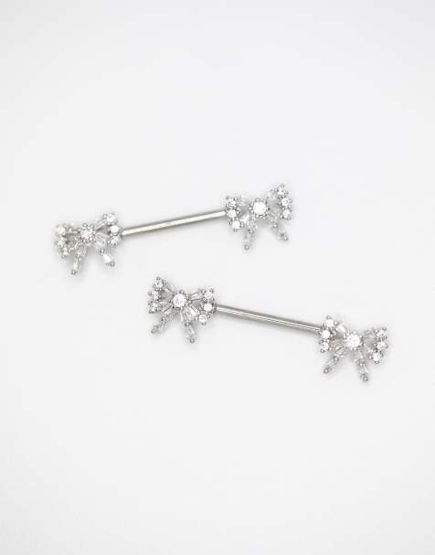 Lovisa - Lot de 2 doubles piercings de téton en acier chirurgical avec nœuds ornés de zircons cubiques - Argenté - view 1