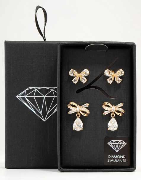 Lovisa - Lot de 2 paires de boucles d'oreilles avec nœuds et zircons cubiques - Doré - view 1