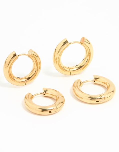 Lovisa - Lot de 2 paires de créoles tube en acier inoxydable plaqué or - Doré - view 1