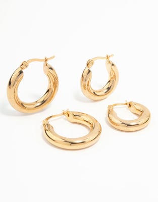 Lovisa - Lot de 2 paires de créoles tubulaires en acier inoxydable étanche plaqué or-Doré